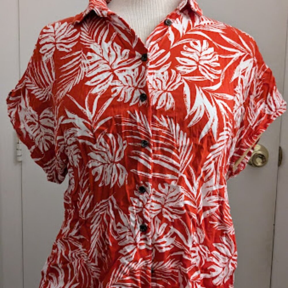 Tropical Button Up Shirt, Red-Orange and White | Defacto | Size L